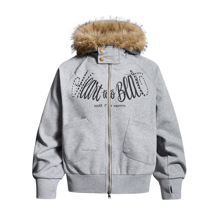 Front view of a gray zip-up hoodie jacket with tan fur-trimmed hood, black script graphic, and front pockets