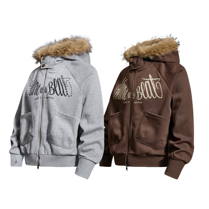 Gray and brown fur-trimmed zip-up hoodie jackets shown from the front with script graphics and pouch pockets
