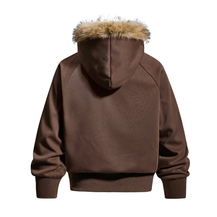 Back view of the brown hoodie jacket showing its hood, tan fur trim, sleeves, and ribbed hem