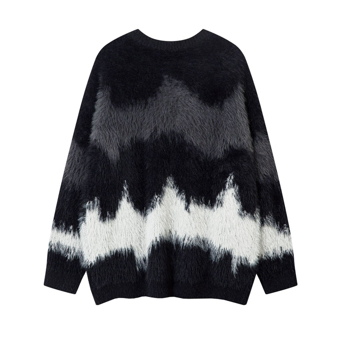 Black fuzzy knit pullover with gray and white abstract wave pattern, front view without visible emblem