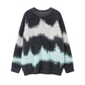 Charcoal fuzzy knit sweater with white and pale mint abstract wave bands and small chest emblem, front view