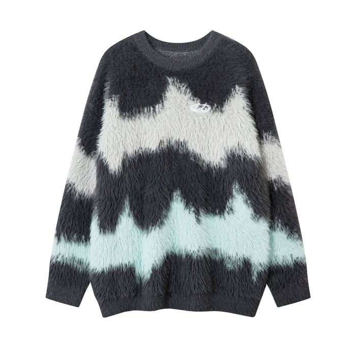 Charcoal fuzzy knit sweater with white and pale mint abstract wave bands and small chest emblem, front view