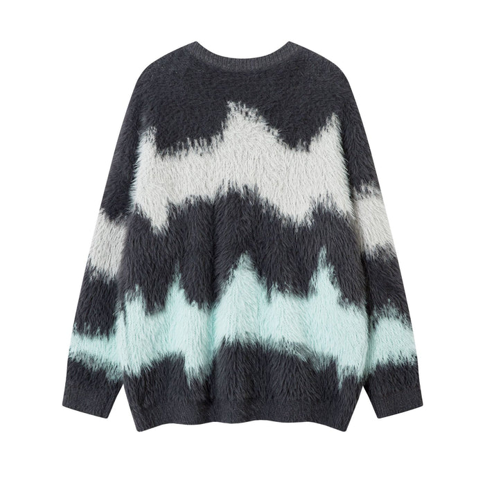 Charcoal fuzzy knit pullover with white and pale mint abstract wave pattern, front view