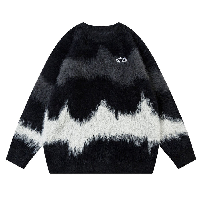 Black fuzzy knit sweater with gray and white abstract wave bands and small chest emblem, front view