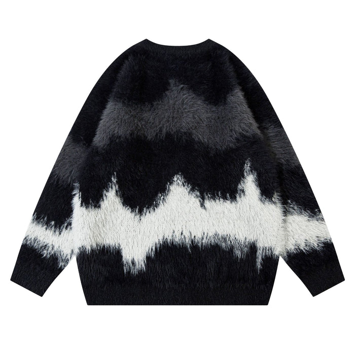 Black fuzzy knit pullover with gray and white abstract wave pattern, back view