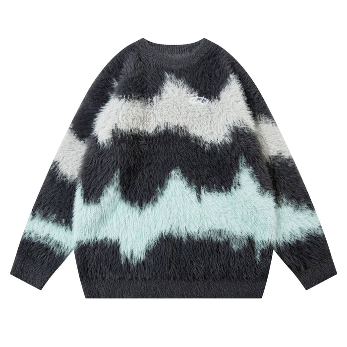 Charcoal fuzzy knit sweater with white and pale mint abstract wave bands, front view