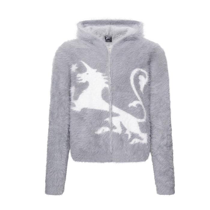 Fuzzy grey faux mink knit zip-up hoodie with white heraldic unicorn jacquard pattern on the front