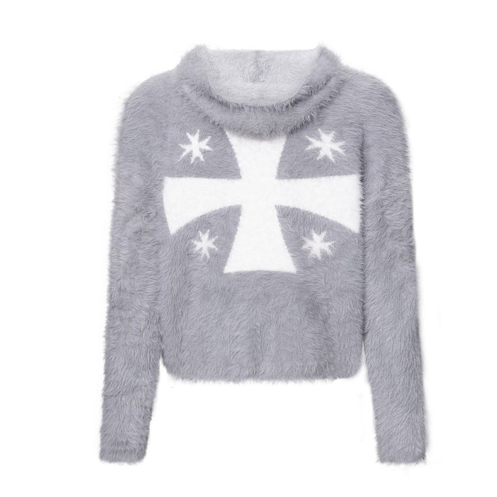 Gray fuzzy sweater with a large white cross and four star motifs on the front