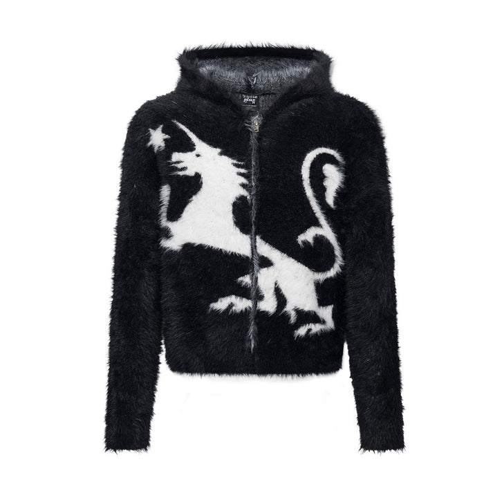 Black fuzzy zip-up hoodie featuring a large white rearing unicorn graphic