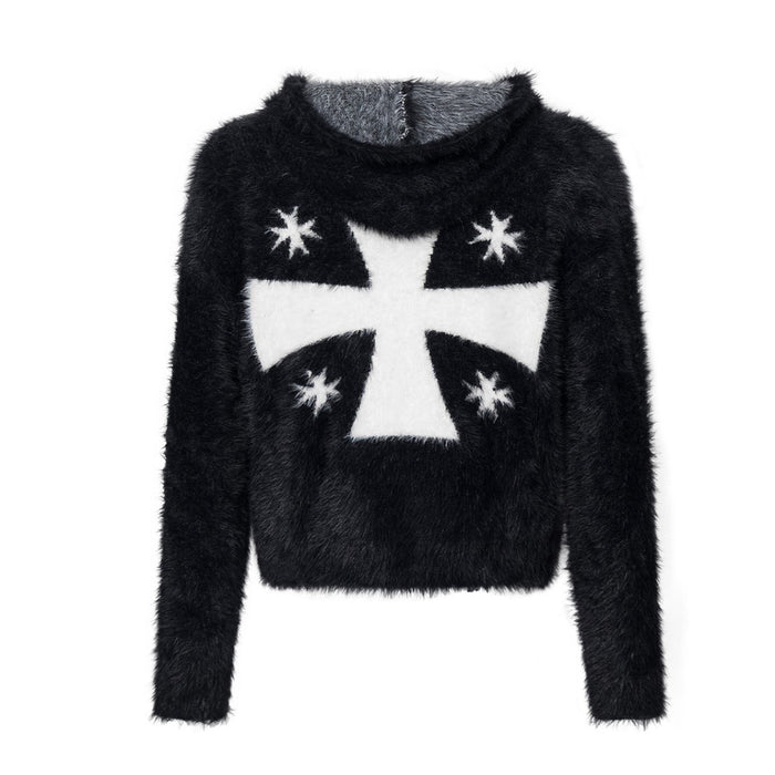 Black fuzzy sweater with a large white cross and four star motifs on the front