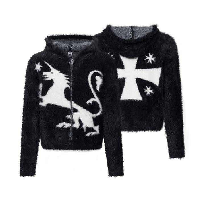 Two black fuzzy tops shown together, including a unicorn zip-up hoodie and star-cross sweater