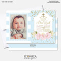 Gold Glitter Peony Baptism Invitation, Light Blue Stripes (Printed or Printable File)
