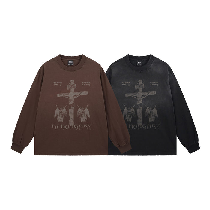 Brown and black long sleeve tees with distressed crucifix, angel graphics, and gothic lettering on the front