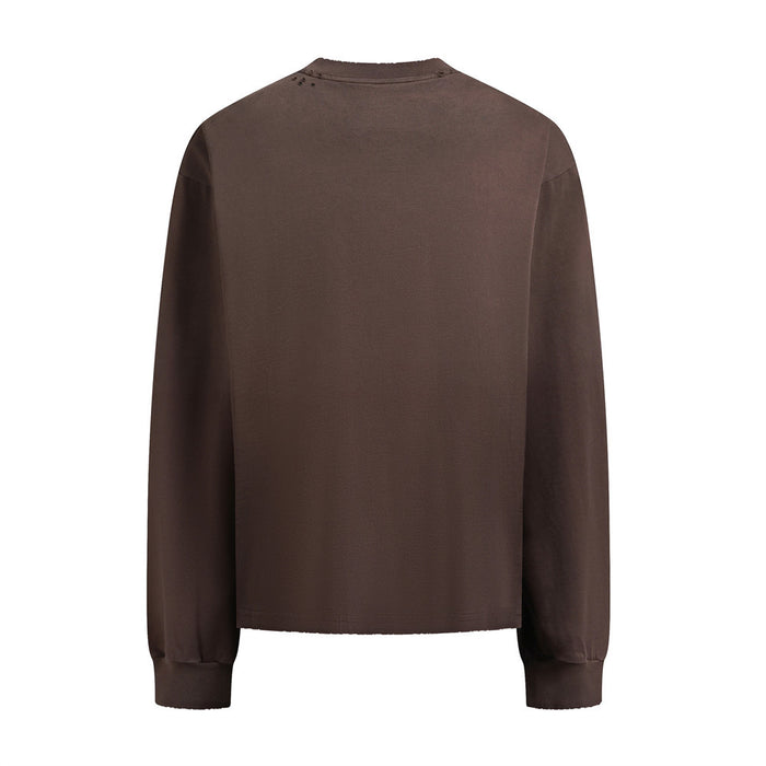 Back view of a brown long sleeve tee with a plain distressed finish and ribbed cuffs