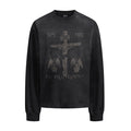 Black long sleeve tee featuring a distressed crucifix, winged figures, and gothic lettering on the front