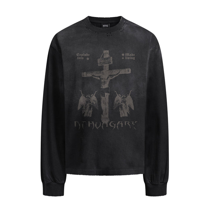 Black long sleeve tee featuring a distressed crucifix, winged figures, and gothic lettering on the front
