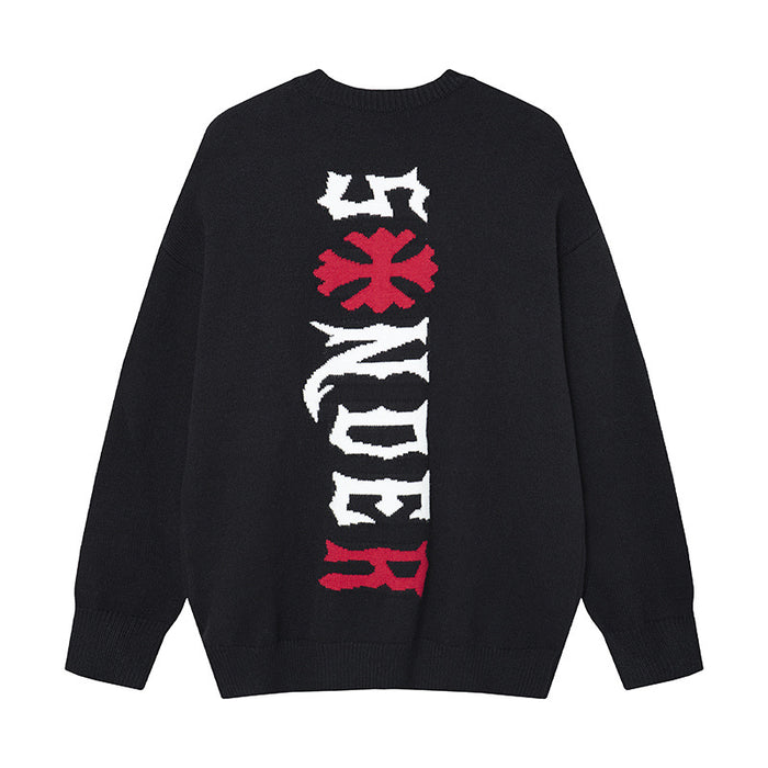 Black oversized knit crewneck sweater with vertical white, black, and red gothic graphic