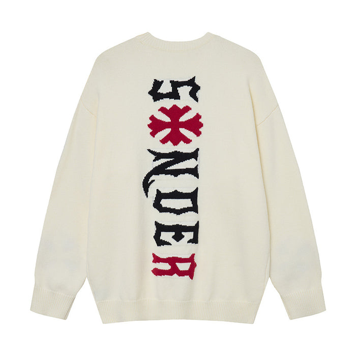 Cream oversized knit crewneck sweater with vertical black and red gothic graphic
