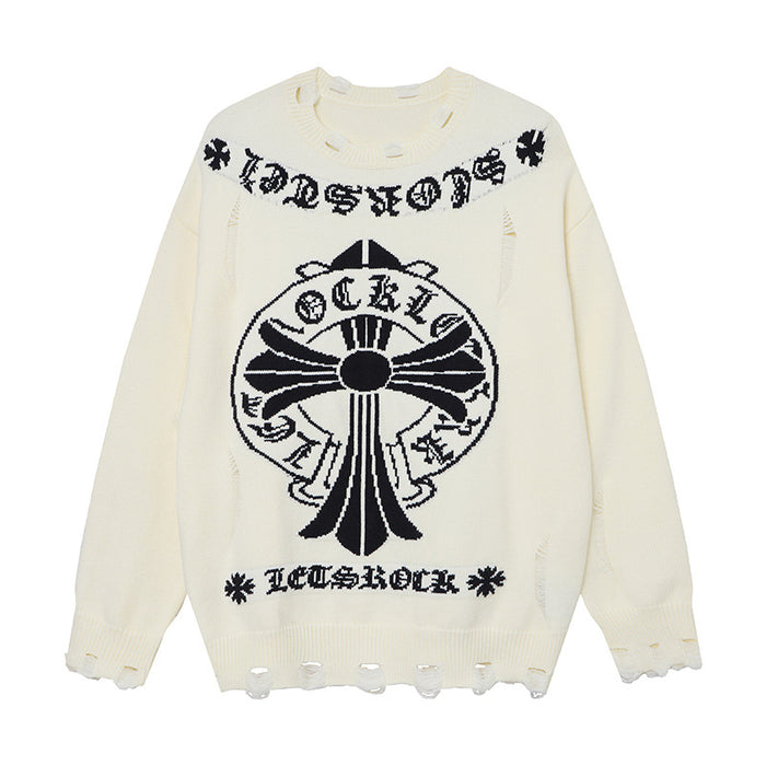 Cream knit sweater with black Gothic lettering, large cross graphic, and distressed frayed cuffs and hem