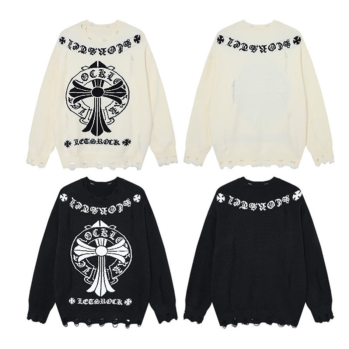 Cream and black knit sweaters shown in front and back views with Gothic lettering and distressed edges