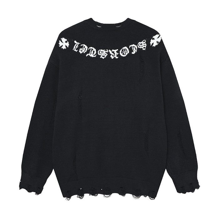 Black knit sweater rear view with white Gothic lettering across the shoulders and distressed cuffs and hem