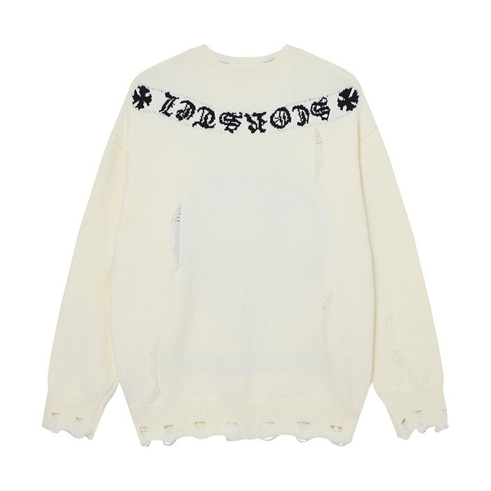 Cream knit sweater rear view with black Gothic lettering across the shoulders and distressed edges