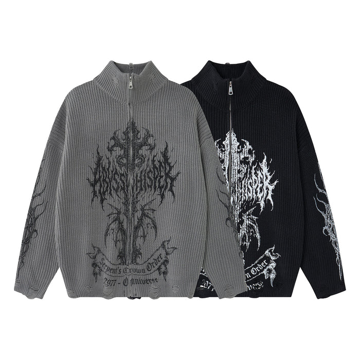 Gray and black knit zip-up turtleneck sweaters shown from the front with contrasting dark and light graphic designs