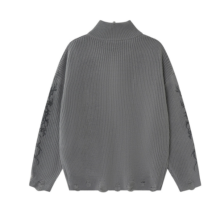 Gray knit zip-up turtleneck sweater shown from the back with a plain textured body and ribbed hem