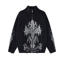 Black knit zip-up turtleneck sweater front with a large white gothic graphic and matching sleeve designs