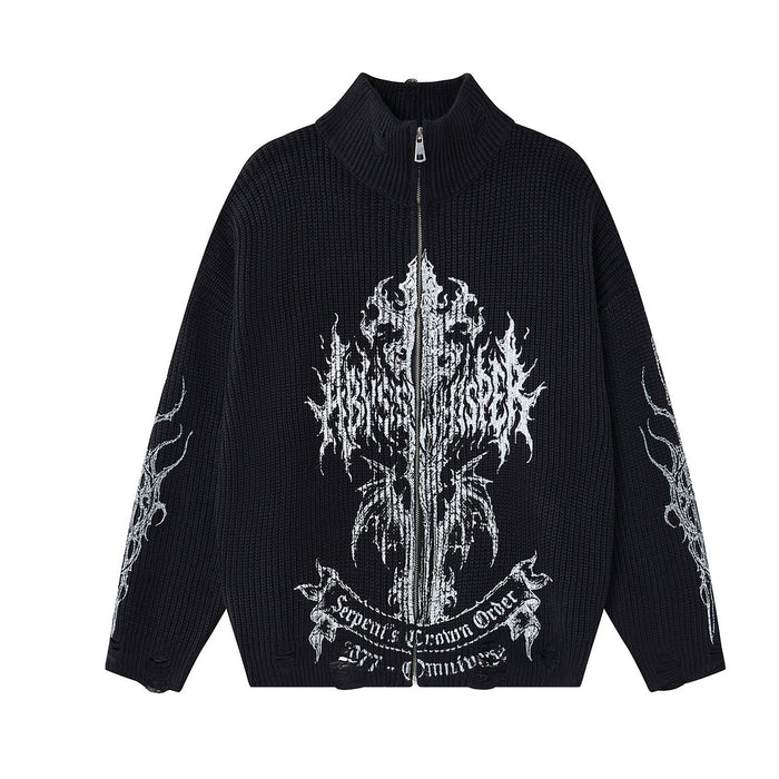 Black knit zip-up turtleneck sweater front with a large white gothic graphic and matching sleeve designs