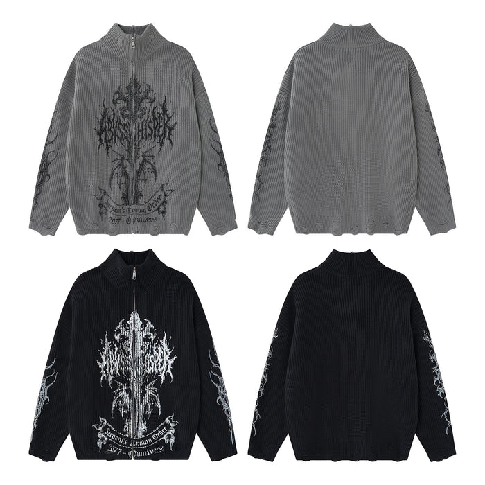 Gray and black knit zip-up sweaters arranged in front and back views to show their gothic graphics and plain backs