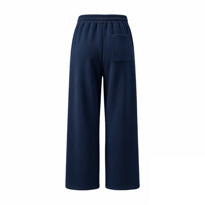 Back view of navy wide-leg sweatpants with a rectangular pocket on the upper right side