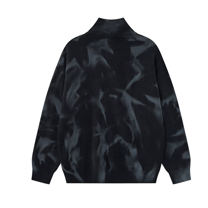 Back view of the black marbled knit turtleneck sweater with plain tonal pattern and ribbed hem