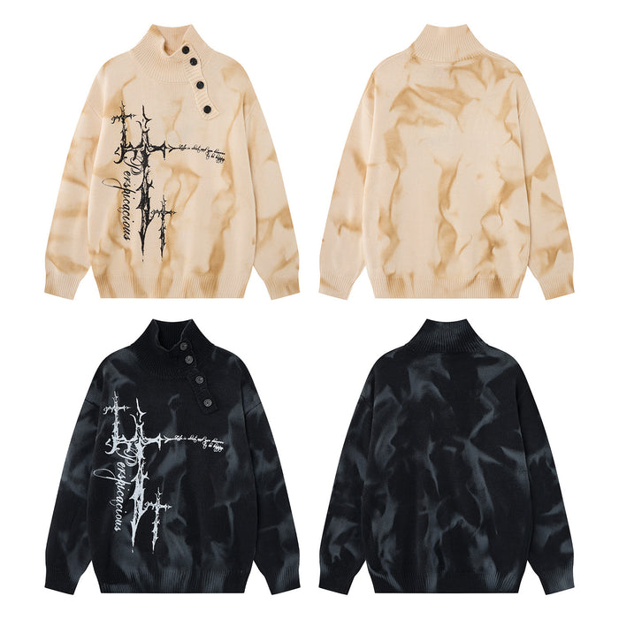 Four-view layout showing cream and black knit turtleneck sweaters with graphic fronts and marbled backs