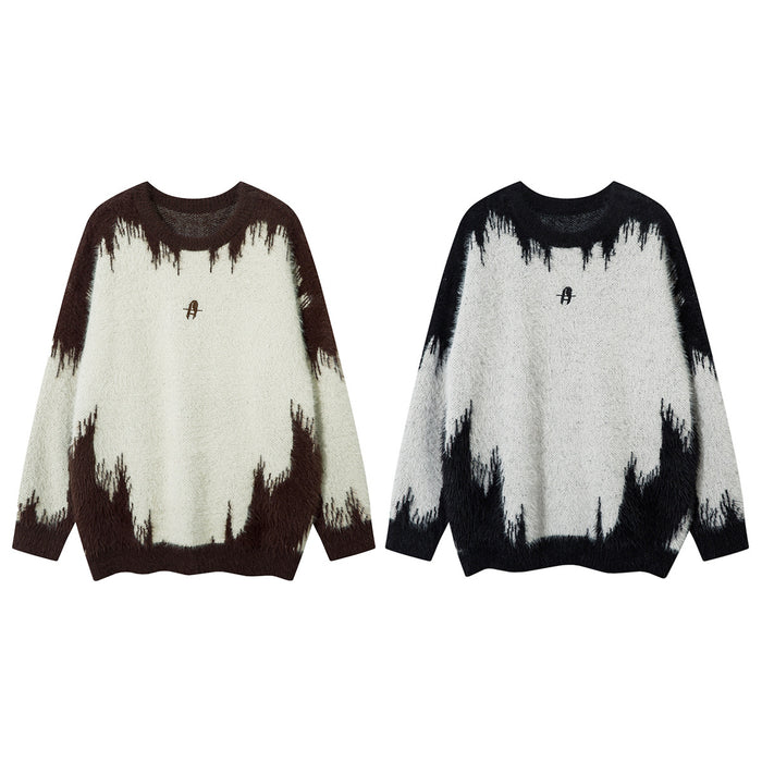 Oversized gradient contrast fuzzy knit crewneck sweater with jagged two-tone jacquard pattern in black and white