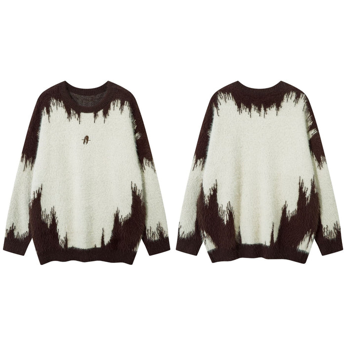 Cream and dark brown fuzzy knit sweater shown in front and back views with a contrasting jagged pattern