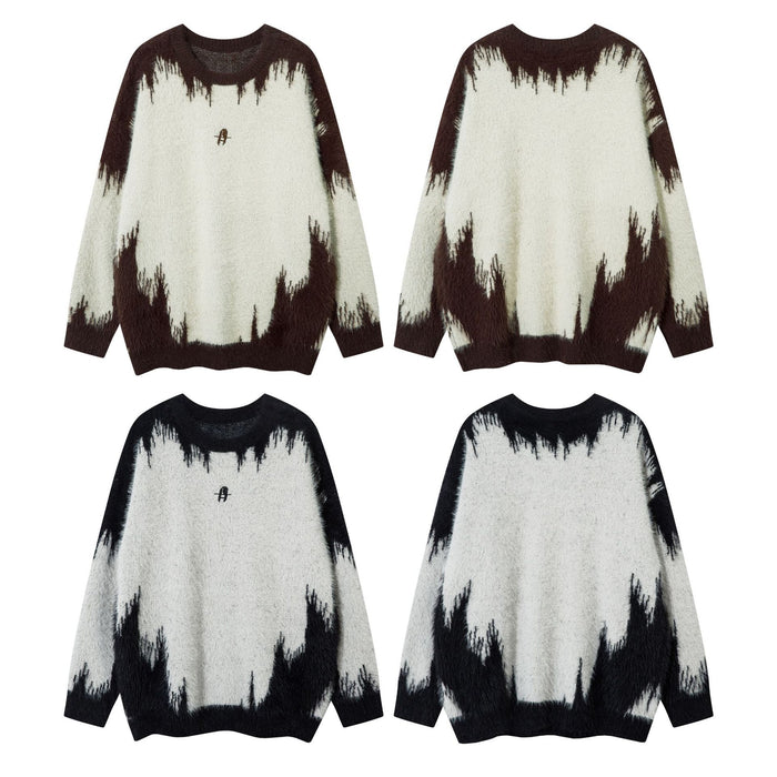 Four views of fuzzy knit sweaters in cream and brown or white and black colorways with jagged patterns