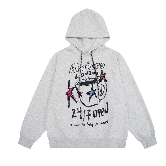 Oversized graphic hoodie in heather grey with coffee cup and star print on front chest, retro streetwear style