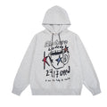 Oversized graphic hoodie in heather grey with coffee cup and star print on front chest, retro streetwear style