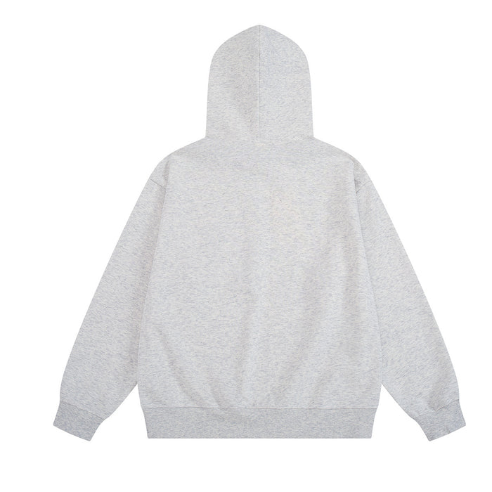 Light gray hoodie shown from the back with a plain design, hood, sleeves, and ribbed hem
