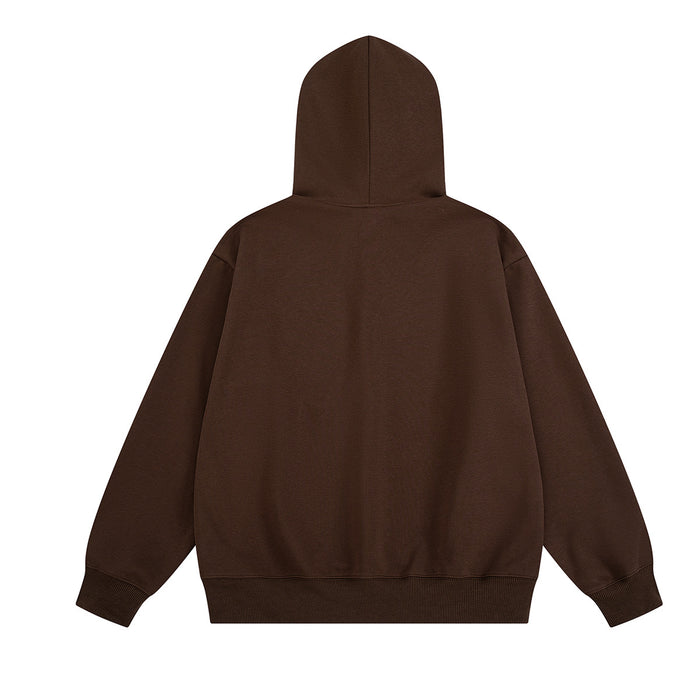 Brown hoodie shown from the back with a plain design, hood, sleeves, and ribbed hem