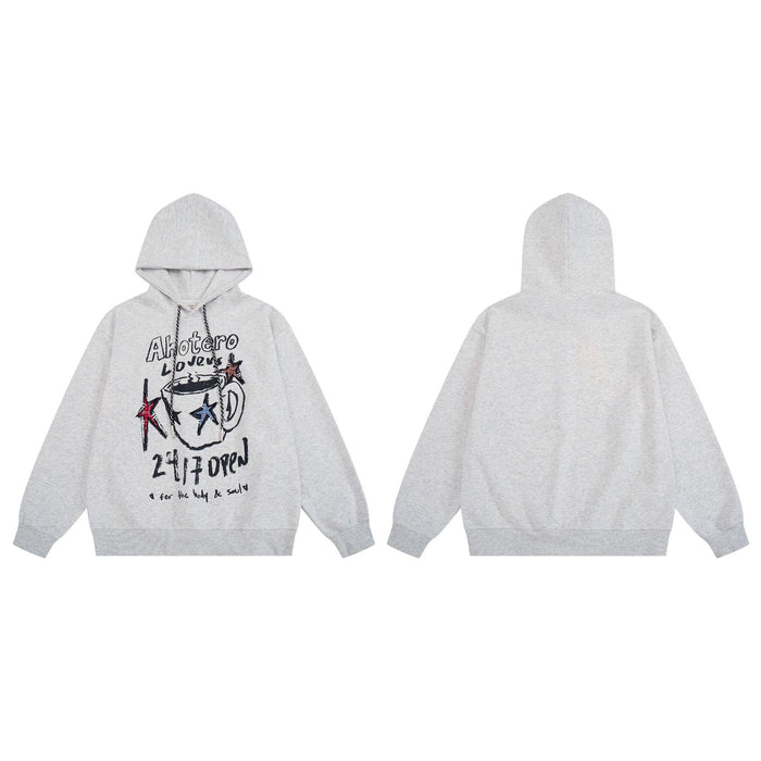 Light gray hoodie shown front and back, featuring a coffee cup and star graphic on the front