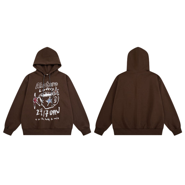 Brown hoodie shown front and back, featuring a coffee cup and star graphic on the front