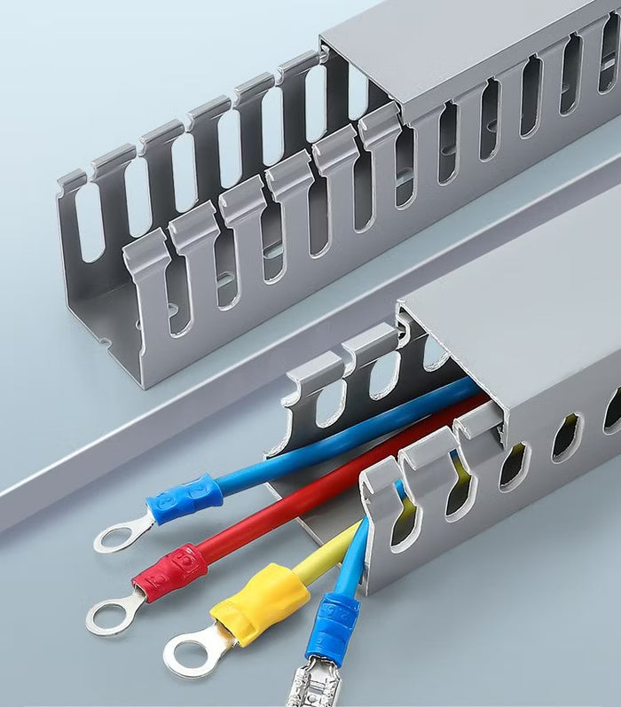 Grey Slotted Trunking 80×80 mm – 2 Meters per Piece | High-Capacity PVC Wiring Duct for Industrial Panels