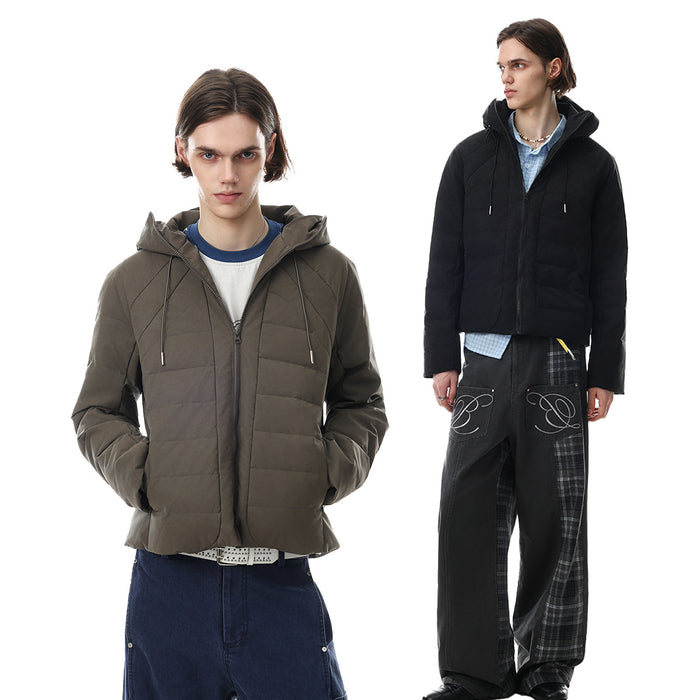 Olive and black hooded quilted puffer jackets shown on models in front views