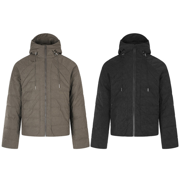 Olive and black hooded quilted puffer jackets displayed side by side from the front