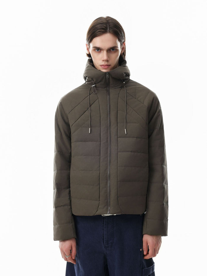 Olive-gray hooded quilted puffer jacket worn in a straight-on front view