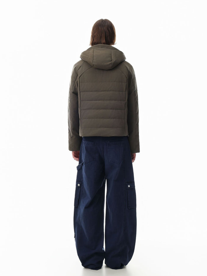 Olive-gray hooded puffer jacket shown from the back with horizontal quilted panels