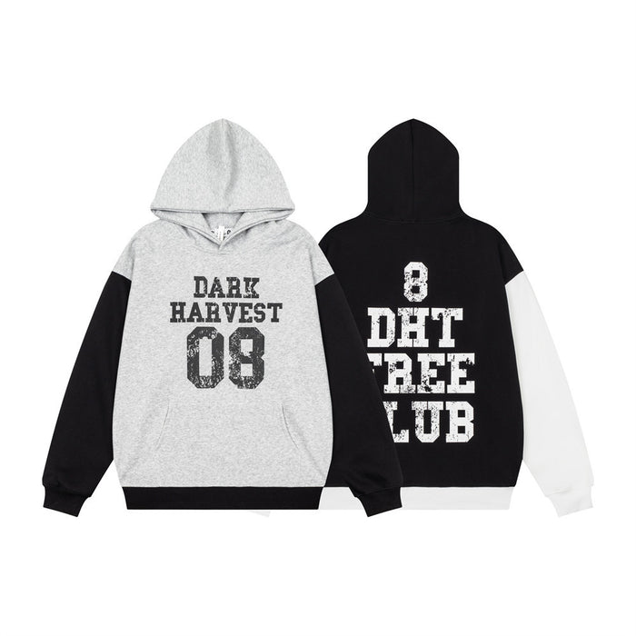 Two oversized colorblock hoodies shown front and back, featuring distressed Dark Harvest 08 and DHT Free Club prints