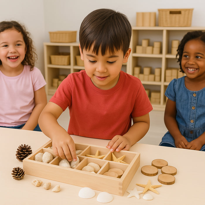 Includes Star Fish, Seashells, Pine Cones, and Tree Rings to sort and classify in the included Wood Sorting Box.